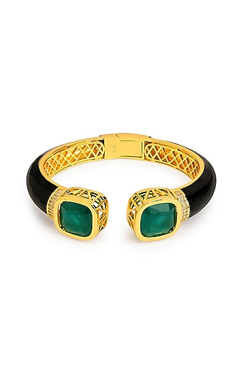 Gold Finish Black Enameled Cubic Zirconia Kada