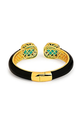 Gold Finish Black Enameled Cubic Zirconia Kada