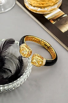 Gold Finish Black Enameled Cubic Zirconia Kada