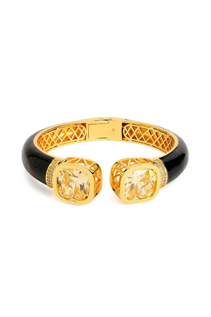 Gold Finish Black Enameled Cubic Zirconia Kada