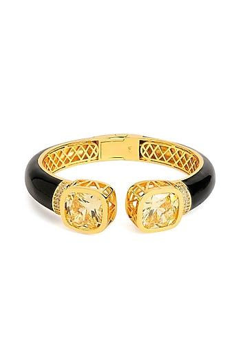Gold Finish Black Enameled Cubic Zirconia Kada