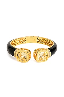 Gold Finish Black Enameled Cubic Zirconia Kada