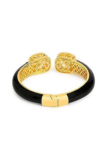 Gold Finish Black Enameled Cubic Zirconia Kada