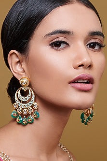 Gold Finish Kundan Polki Handcrafted Chandbali Earrings