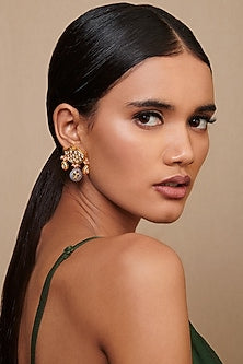 Gold Finish Beads & Kundan Polki Handcrafted Chandbali Earrings