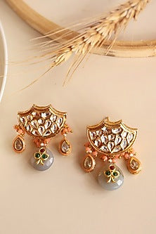 Gold Finish Beads & Kundan Polki Handcrafted Chandbali Earrings