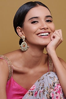 Gold Finish Handcrafted Chandbali Earrings With Kundan Polki