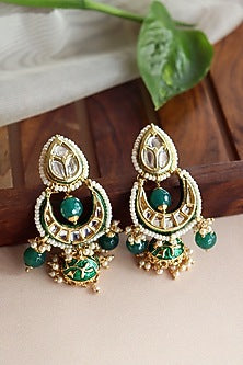 Gold Finish Handcrafted Chandbali Earrings With Green Beads