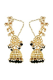 Gold Finish Handcrafted Jhumka Earrings With Green Stones