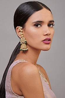 Gold Finish Handcrafted Jhumka Earrings With Green Stones
