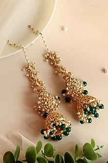 Gold Finish Handcrafted Jhumka Earrings With Green Stones