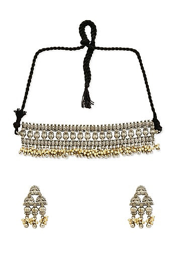 Two Tone Finish White Beaded Choker Necklace Set