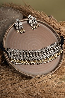 Two Tone Finish White Beaded Choker Necklace Set