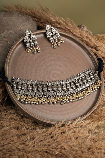 Two Tone Finish White Beaded Choker Necklace Set