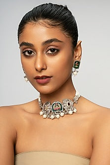 Oxidised Finish White Beaded & Multi-Colored Stone Choker Necklace Set