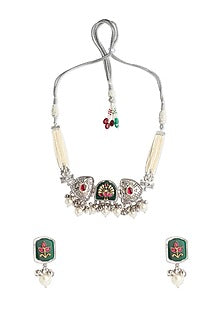 Oxidised Finish White Beaded & Multi-Colored Stone Choker Necklace Set