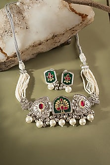 Oxidised Finish White Beaded & Multi-Colored Stone Choker Necklace Set