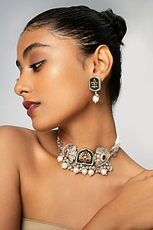 Oxidised Finish White Beaded & Multi-Colored Stone Choker Necklace Set