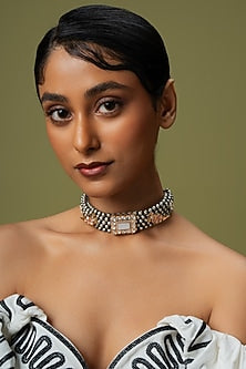 Two Tone Finish White Beaded & Pearl Choker Necklace