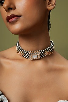 Two Tone Finish White Beaded & Pearl Choker Necklace