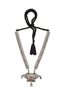 Oxidised Finish Multi-Colored Stone Long Pendant Necklace
