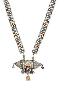 Oxidised Finish Multi-Colored Stone Long Pendant Necklace