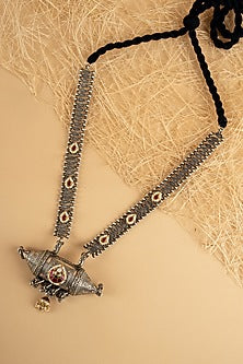 Oxidised Finish Multi-Colored Stone Long Pendant Necklace