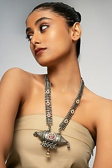 Oxidised Finish Multi-Colored Stone Long Pendant Necklace