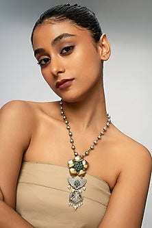 Two Tone Finish Green Semi-Precious Stone & Pearl Pendant Necklace