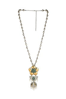 Two Tone Finish Green Semi-Precious Stone & Pearl Pendant Necklace