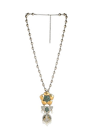 Two Tone Finish Green Semi-Precious Stone & Pearl Pendant Necklace
