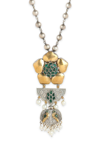 Two Tone Finish Green Semi-Precious Stone & Pearl Pendant Necklace