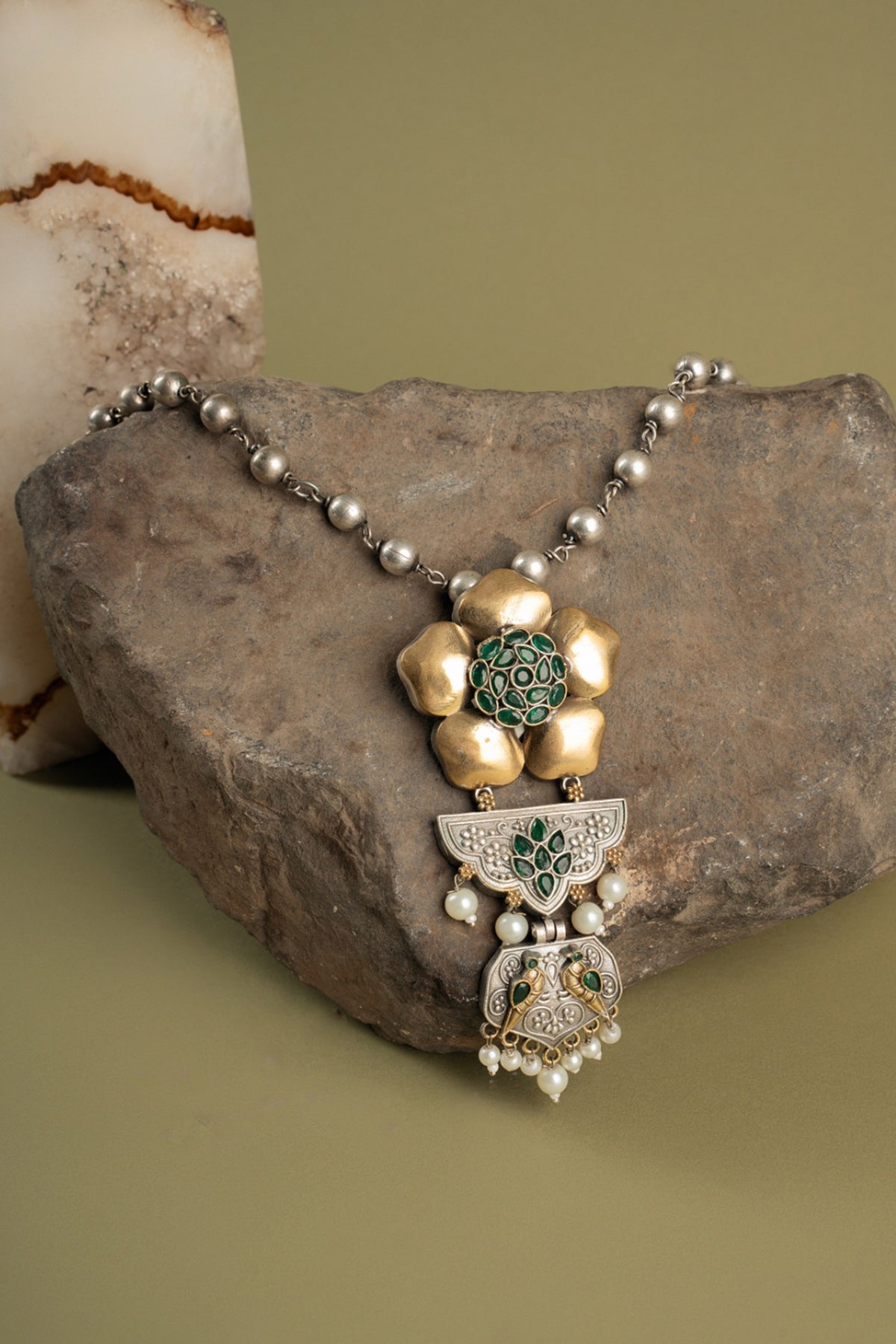 Two Tone Finish Green Semi-Precious Stone & Pearl Pendant Necklace