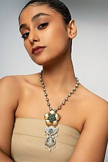 Two Tone Finish Green Semi-Precious Stone & Pearl Pendant Necklace