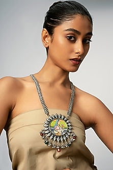 Oxidised Finish Hand Painted & Beaded Pendant Necklace