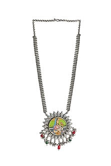 Oxidised Finish Hand Painted & Beaded Pendant Necklace
