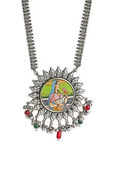 Oxidised Finish Hand Painted & Beaded Pendant Necklace