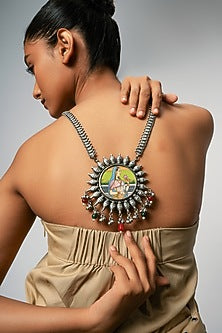 Oxidised Finish Hand Painted & Beaded Pendant Necklace