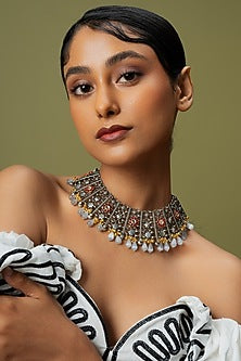 Oxidised Finish Pearl Drop Floral Necklace