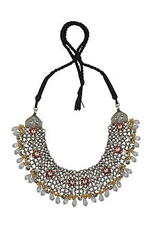 Oxidised Finish Pearl Drop Floral Necklace