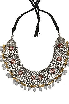 Oxidised Finish Pearl Drop Floral Necklace