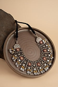 Oxidised Finish Pearl Drop Floral Necklace
