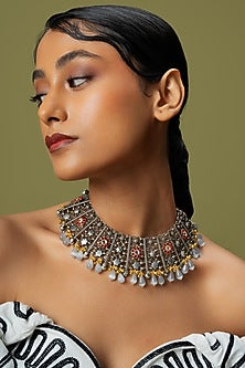 Oxidised Finish Pearl Drop Floral Necklace