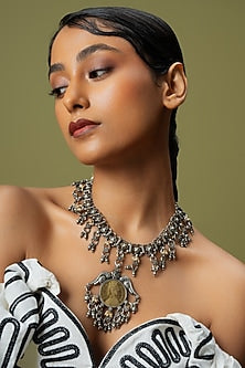 Two Tone Finish Beaded Coin Pendant Necklace