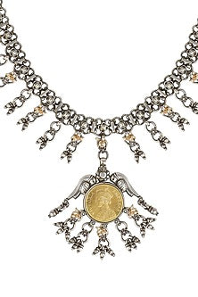 Two Tone Finish Beaded Coin Pendant Necklace