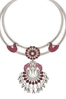 Oxidised Finish Floral & Bird Crescent Moon Pendant Necklace