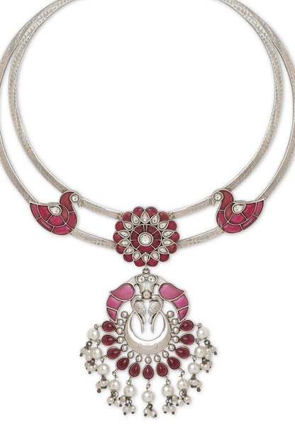 Oxidised Finish Floral & Bird Crescent Moon Pendant Necklace