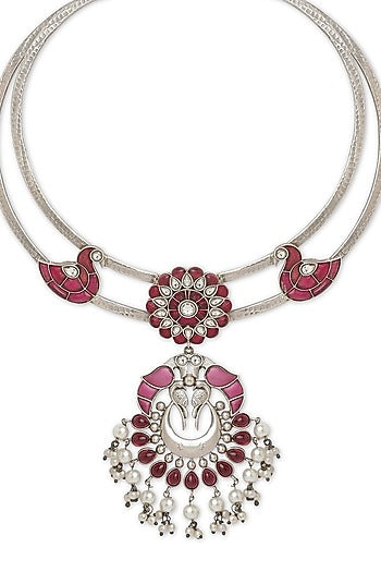 Oxidised Finish Floral & Bird Crescent Moon Pendant Necklace