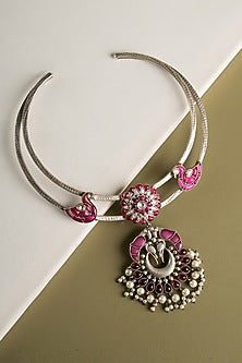 Oxidised Finish Floral & Bird Crescent Moon Pendant Necklace