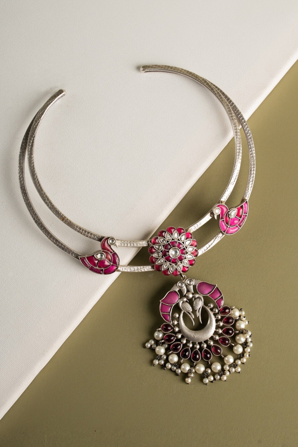 Oxidised Finish Floral & Bird Crescent Moon Pendant Necklace